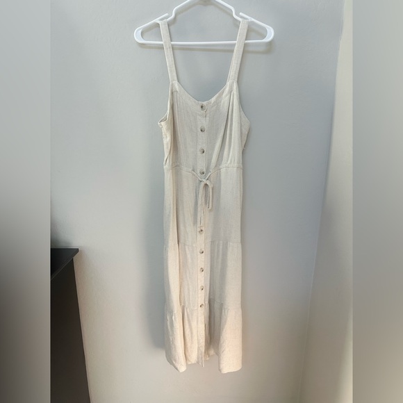 Lucky Brand Cream Linen Blend Button Front Midi Dress Size M Pockets Tie Waist - Picture 2 of 9